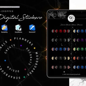 May include: Digital stickers of dark mode moon phases in various colors and glitter textures. The stickers are designed for use in planners, journals, mood boards, and scrapbooks. The image also includes logos for popular note-taking apps like Notability, GoodNotes, and Noteshelf.