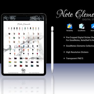 Puede incluir: Una pantalla de tableta digital que muestra una variedad de chinchetas de colores, con el texto "Note Elements" en la parte superior. La tableta está sobre un fondo de mármol blanco. El texto "Note Elements Digital Stickers" se muestra en el lado derecho de la imagen.