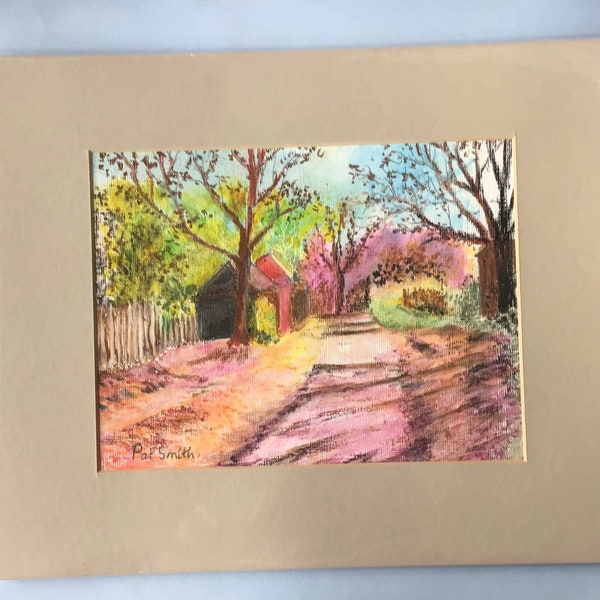 Country Lane in Autumn, original Oil Pastel Painting, byPat Smith, 12” x 10”, mounted, unframed.