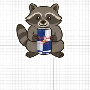May include: A cartoon raccoon holding a Red Bull energy drink can. The raccoon is gray and white with a striped tail. The Red Bull can is blue, silver, and red, with the words "Red Bull" and "Energy Drink" visible.