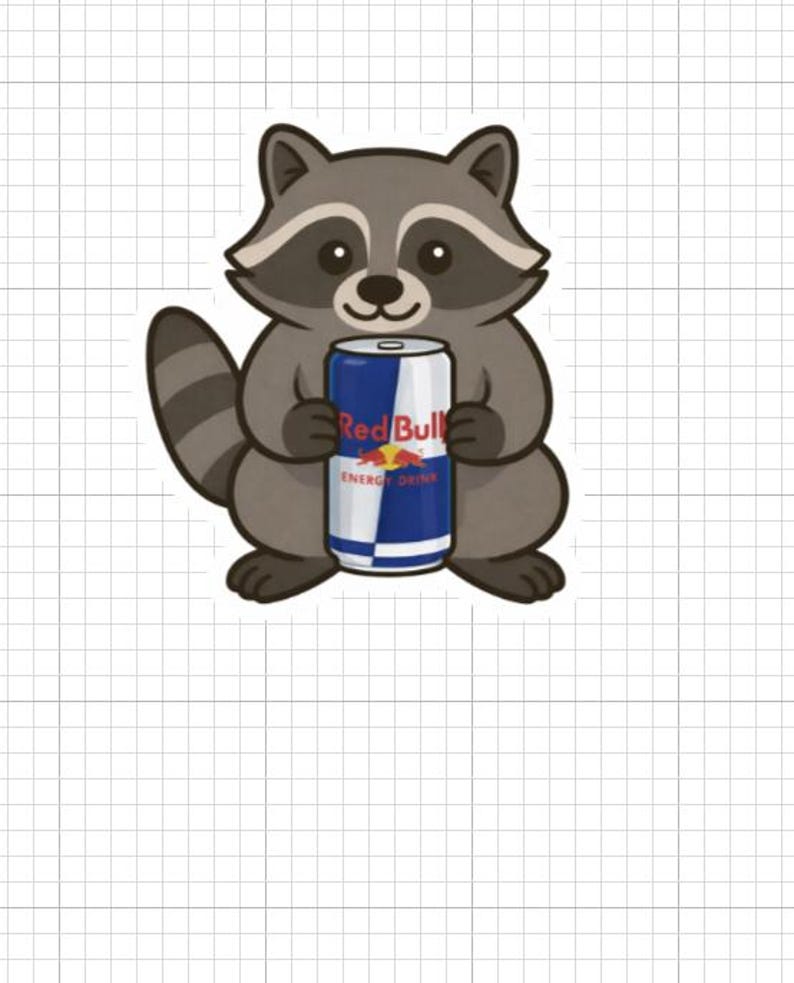 May include: A cartoon raccoon holding a Red Bull energy drink can. The raccoon is gray and white with a striped tail. The Red Bull can is blue, silver, and red, with the words "Red Bull" and "Energy Drink" visible.