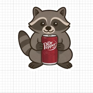 May include: A cartoon raccoon holding a red Dr. Pepper can. The raccoon is gray and brown with a striped tail. The Dr. Pepper can has white text and a red background.