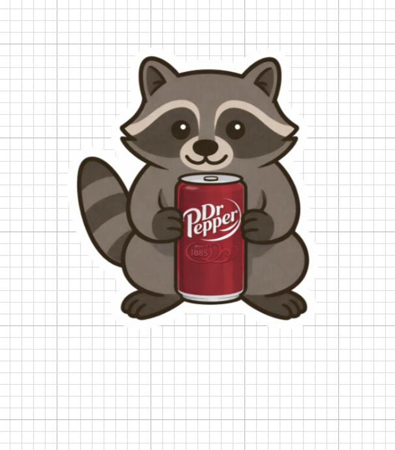 May include: A cartoon raccoon holding a red Dr. Pepper can. The raccoon is gray and brown with a striped tail. The Dr. Pepper can has white text and a red background.