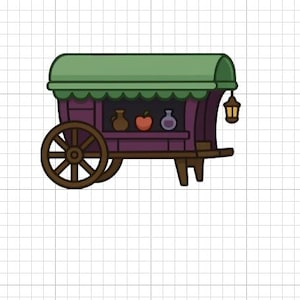 Puede incluir: Ilustraci&oacute;n de dibujos animados de un vag&oacute;n morado y verde con una rueda de madera. El vag&oacute;n tiene un techo verde y un cuerpo morado. Dentro del vag&oacute;n hay tres objetos: una jarra marr&oacute;n, una manzana roja y una botella morada. Una linterna cuelga a un lado.