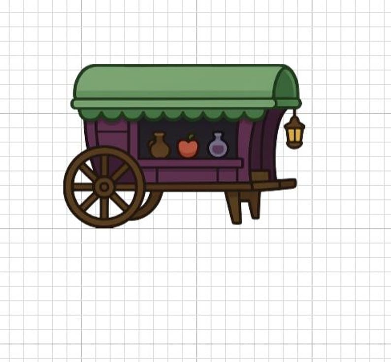 Puede incluir: Ilustraci&oacute;n de dibujos animados de un vag&oacute;n morado y verde con una rueda de madera. El vag&oacute;n tiene un techo verde y un cuerpo morado. Dentro del vag&oacute;n hay tres objetos: una jarra marr&oacute;n, una manzana roja y una botella morada. Una linterna cuelga a un lado.