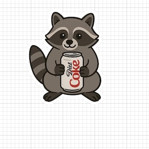 May include: A cartoon raccoon sticker holding a Diet Coke can. The raccoon is gray and white with a striped tail. The Diet Coke can is white with red lettering.