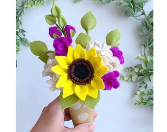 Sunflower and hydrangea bouquet, flowers for mom, Mother's Day flowers, floral gifts, felt flower bouquet, felt sunflower, flower decor