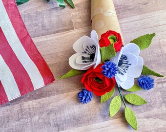 Patriotic felt flower bouquet, artificial flower arrangement, fake flower bouquet, Americana decor, anemone bouquet, red ranunculus bouquet