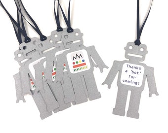 Robot Party Favor Gift Tags in Silver and Navy Blue - Set of 12