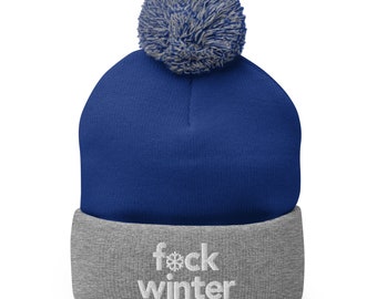 Embroidered Pom Pom Beanie: Cuffed Knit Winter Hat