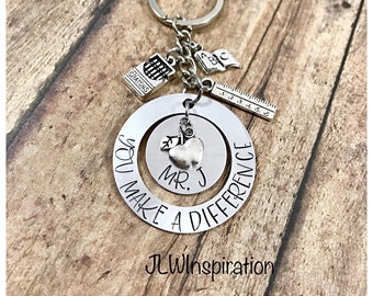 Personalized teacher keychain, you make a difference, thank you present, appreciation gift, end of school year, graduation, educator