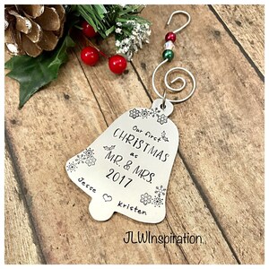 Personalized Our First Christmas as Mr. and Mrs. ornament, bell, gift, present, wedding, bridal shower, stamped aluminum, red, green, tree