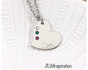 Personalized pewter heart necklace with set birthstones, hand stamped, custom, gift, present, mom, wife, sister, Mother's day, grandma