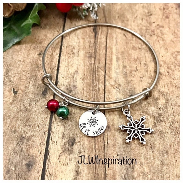 Christmas bangle bracelet, snowflake, red and green, let it snow, handstamped, office party, family gathering, gift, present, mom, wife