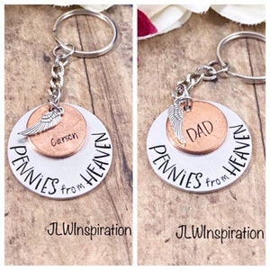 Personalisierter Pennys from Heaven Gedenkschlüsselanhänger, gestempelter Penny, Engelsflügel, Mama, Papa, Familie, Erinnerung, Großeltern, Geschenk, vorhanden