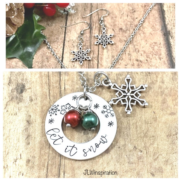 Snowflake necklace and earrings, handstamped, let it snow, red and green glass beads, season's greetings, happy holidays, gathering, party