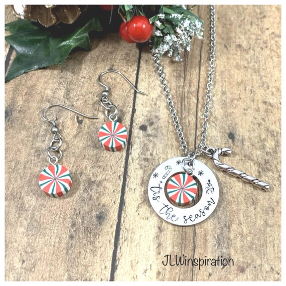 Candy cane Christmas necklace and earrings
