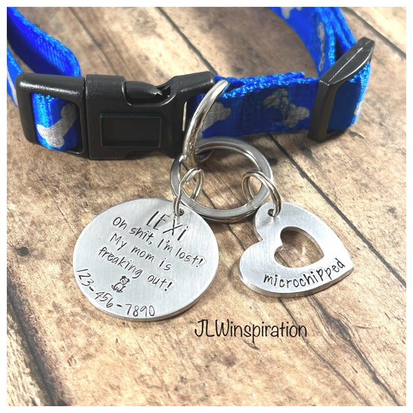 Personalized funny dog ID tags, pet identification, microchipped, name, phone number, I’m lost, call my people, dog collar charm, tags