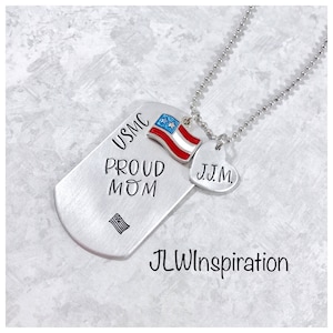 Hand stamped Proud Mom necklace, personalized name, swarovski crystals, USMC, wife, sister, girlfriend, grandma, gift, mother&#39;s day present