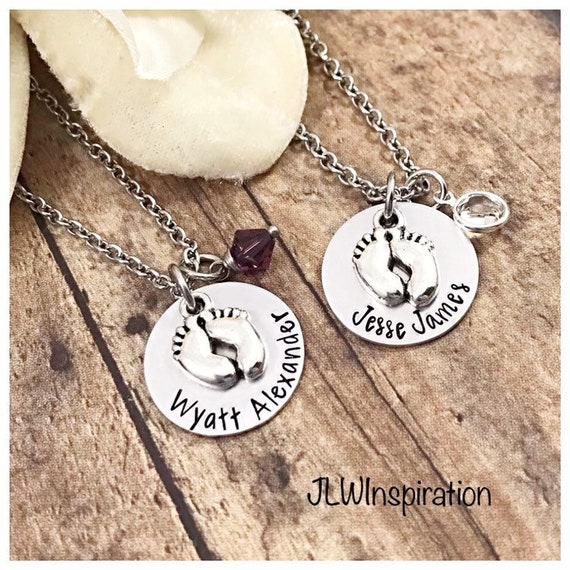 Personalized baby feet necklace with name and birthstone