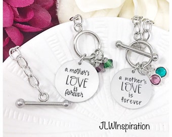 A mother's love is forever toggle bracelet with swarovski crystal birthstones, birthday gift, wife, mother's day present, christmas, sister