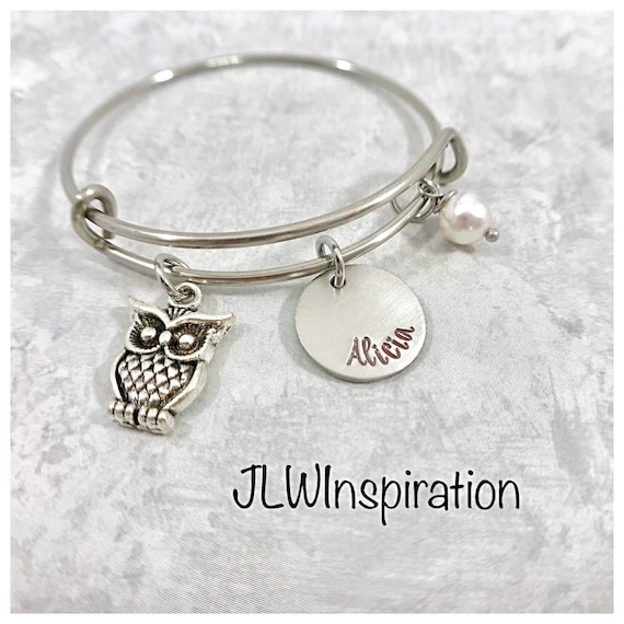 Personalized little girls owl bangle bracelet
