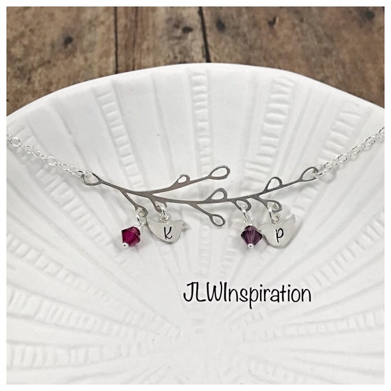 Personalized sterling silver birds on a branch necklace, initials & birthstones