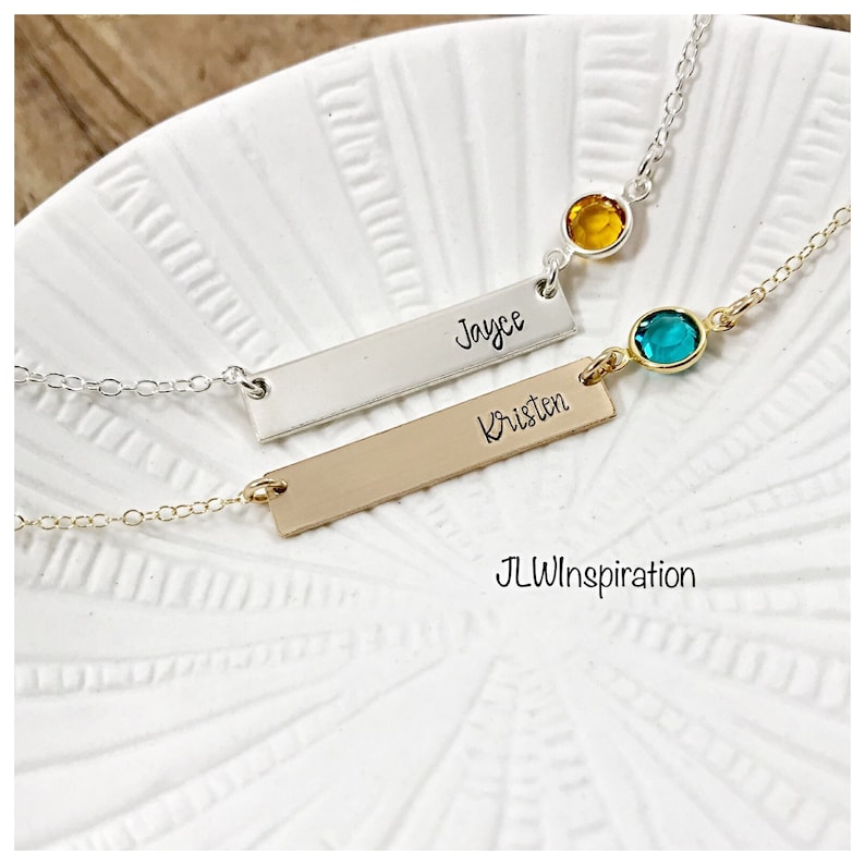 Sterling silver or gold filled personalized name and birthstone bar necklace