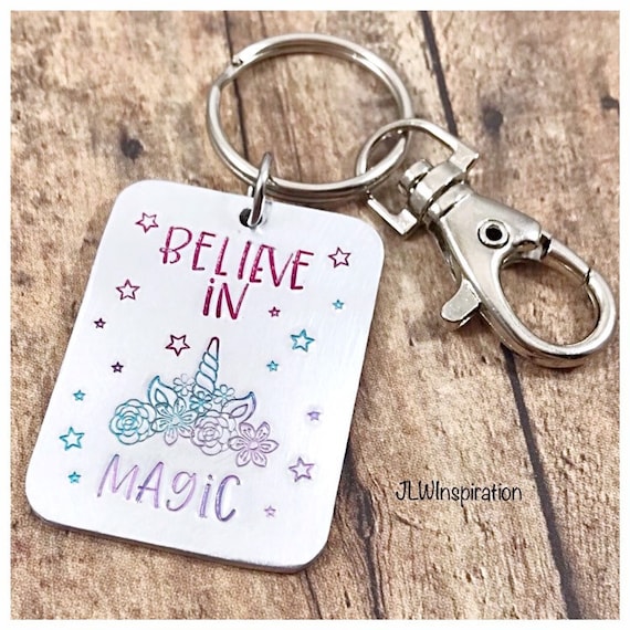 Believe in magic unicorn rainbow colored keychain