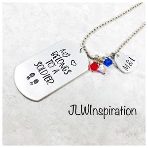 Hand stamped My heart belongs to necklace, personalized, Marine, Soldier, Sailor, Airman, proud wife mom sister girlfriend grandma gift