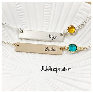 Sterling silver or gold filled personalized name and birthstone bar necklace