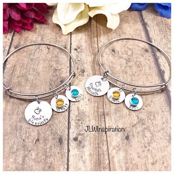 Personalized blessings bangle bracelet with names, birthstones