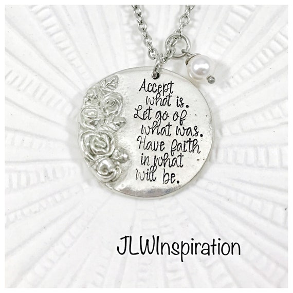 Cast pewter "accept, let go, have faith" necklace with swarovski pearl