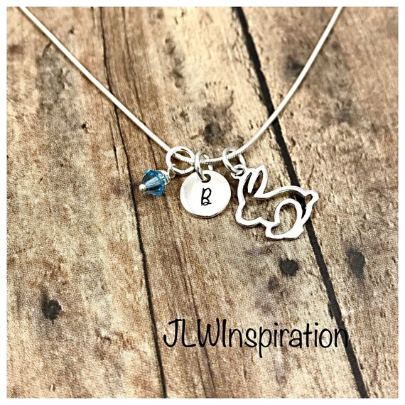 Sterling silver personalized bunny, initial & birthstone necklace