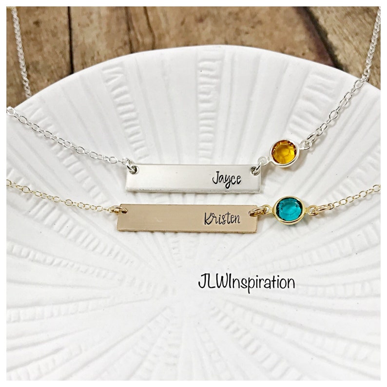 Sterling silver or gold filled personalized name and birthstone bar necklace