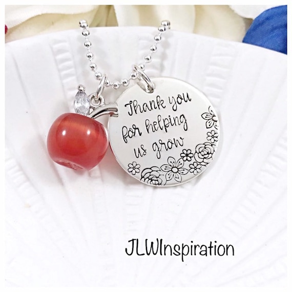 Personalized sterling silver teacher necklace, red apple, thank you for helping us grow