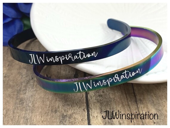 Personalized stainless steel cuff bracelet in blue or rainbow