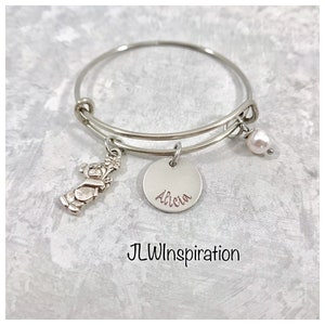 Personalized Teddy Bear Bangle Bracelet: Swarovski Pearl, Custom Name