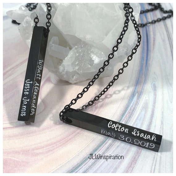 Black stainless personalized 3D bar necklace, names, birth stats
