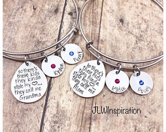 There's these kids bangle bracelet with names and birthstones, birthday gift, mom, wife, Mother's day, daughter, sister, Christmas present