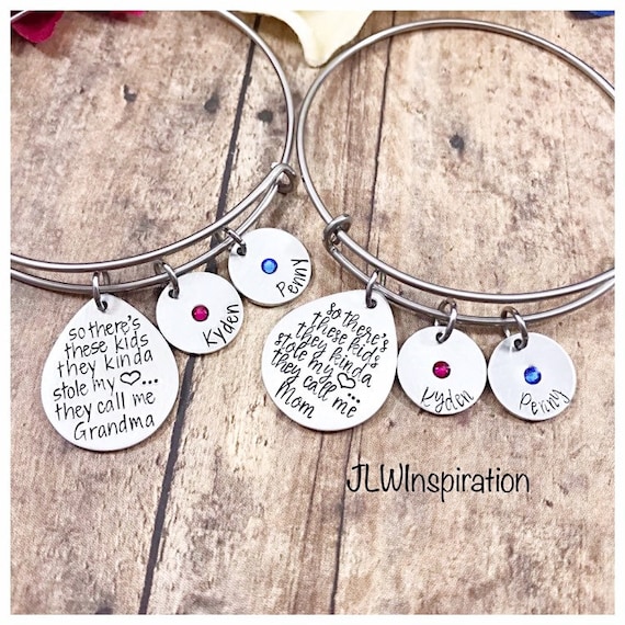 Personalized there's these kids, this boy, girl bangle bracelet with names and set birthstones