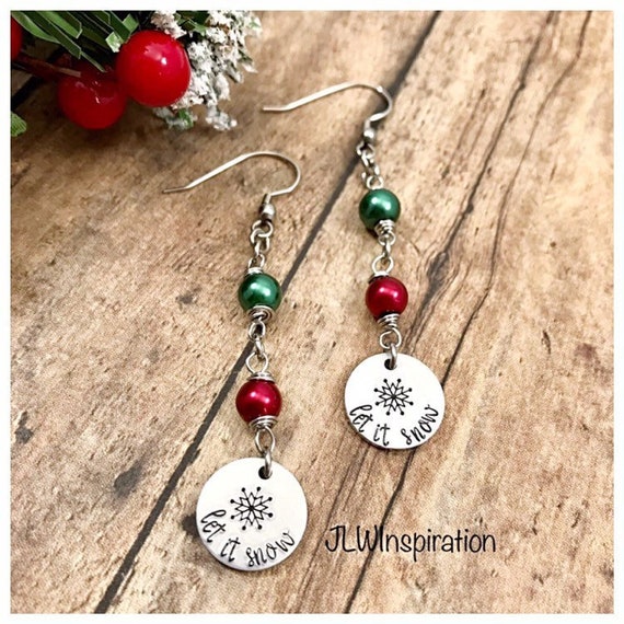 Christmas stamped snowflake and let it snow earrings, red and green pearls