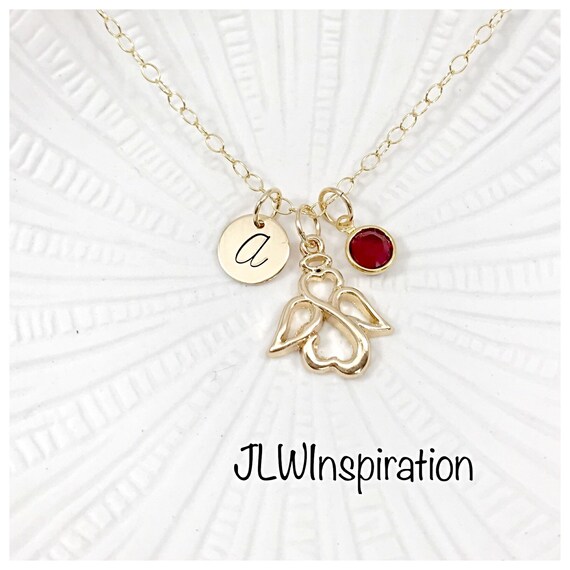 Gold filled initial, birthstone and angel necklace