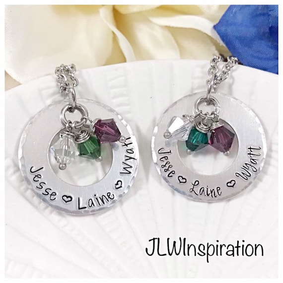 Personalized aluminum washer name and birthstone necklace