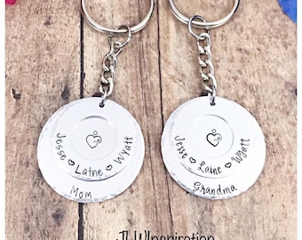 Personalized Family Tree Keychain: Hammered Aluminum Washer, Children's Names