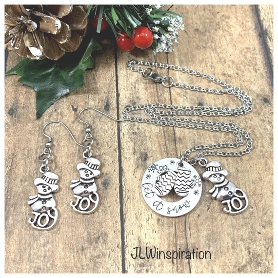 Snowman necklace and earrings, let it snow, hand stamped jewelry, mittens, seasons greetings, happy holidays, office party, family gathering