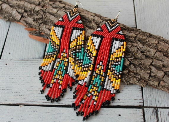 Native american earrings Fringe earrings Tribal earrings Seed bead earrings Colorful earrings Native style earrings Long dangle earrings