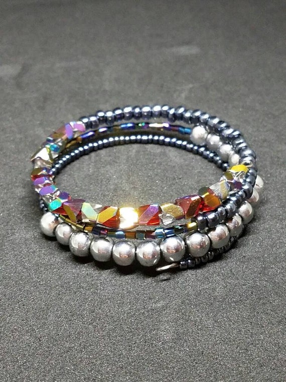 Items similar to Red, Silver, and Metallic Gray Layered Bracelet on Etsy