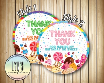May include: Two round thank you stickers with a candy theme. The stickers have a white background with colorful candy and sprinkles. The text on the stickers reads "Thank You" and "For Making My Birthday So Sweet!"