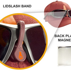 May include: A maroon baseball cap with sunglasses attached via a Lidslash band. The band is a dark reddish-brown color with the word "Lidslash" printed on it. A back plate magnet is also shown.